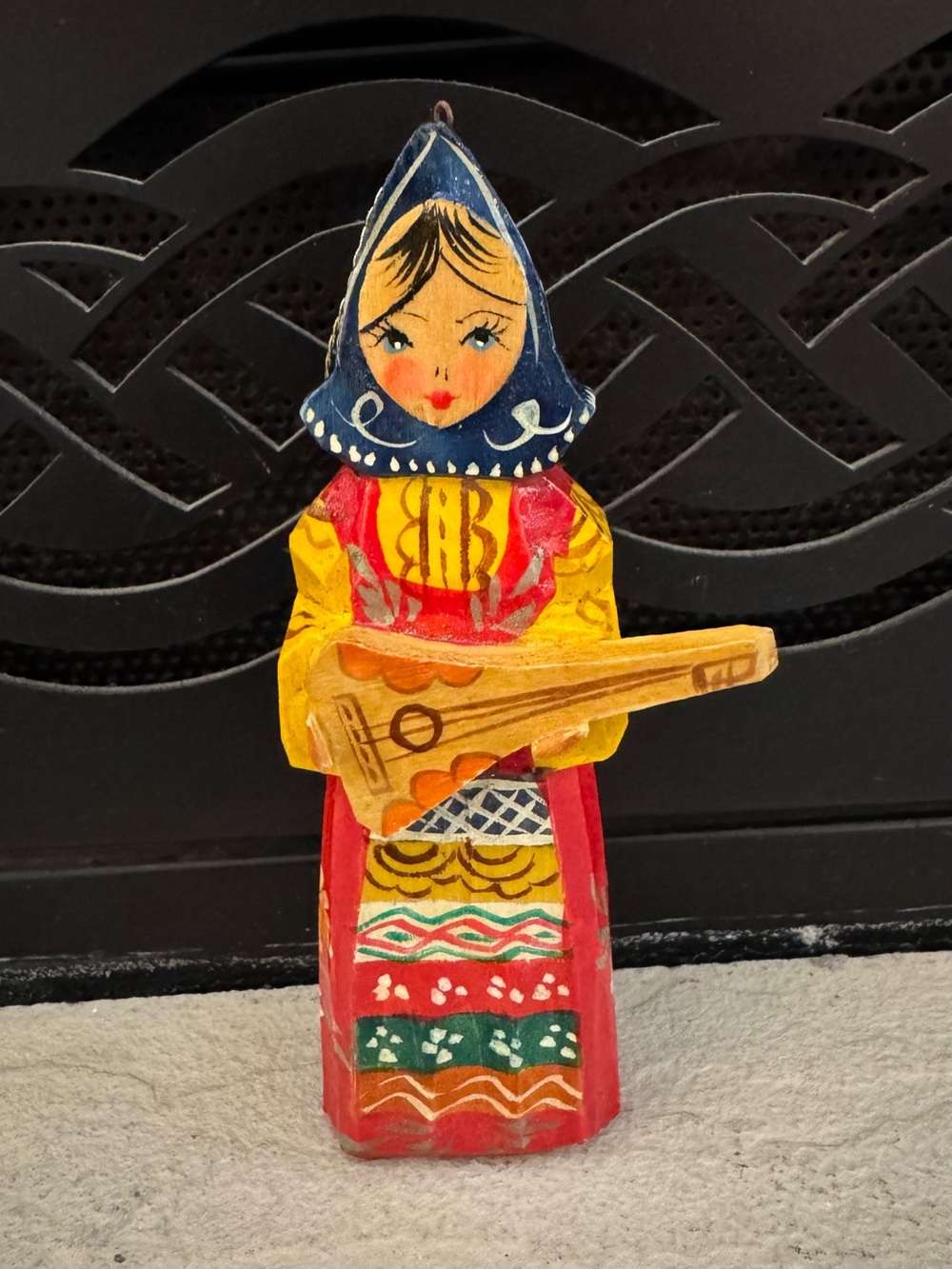 Vintage Hand Carved Wooden Russian Folk Art Balalaika Girl Hand Painted Xmas